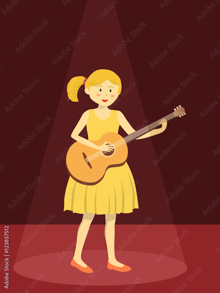 Girl with yellow dress play acoustic guitar on red spotlight background vector illustration. Girl with yellow dress play acoustic guitar on red spotlight background vector illustration.