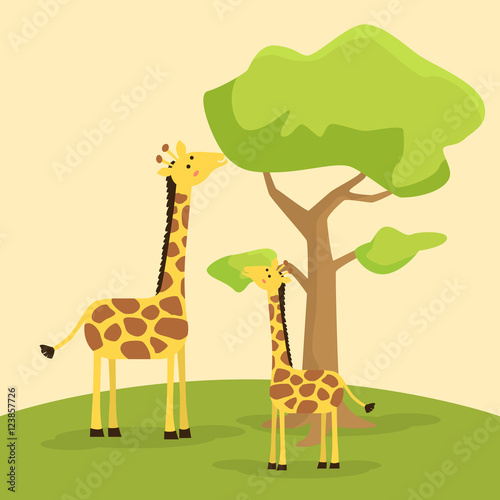 Giraffe mother teaching baby giraffe to eating leaf on tree Vector illustration.
