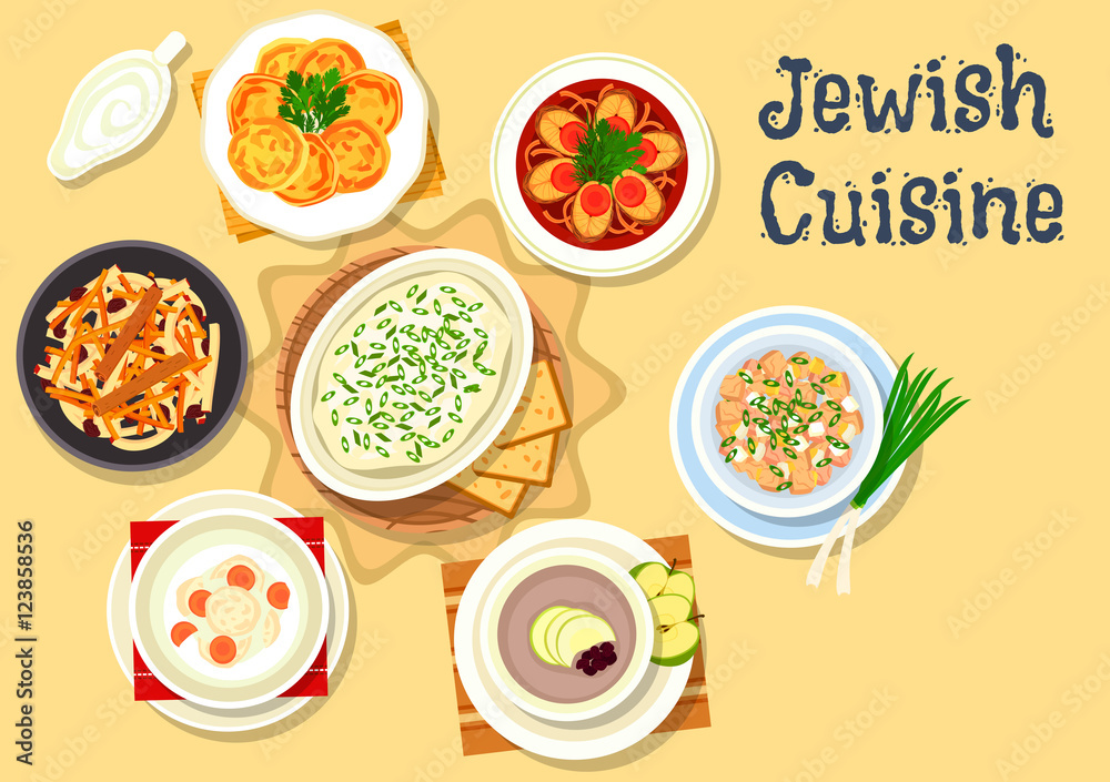 Jewish cuisine dishes icon for kosher menu design