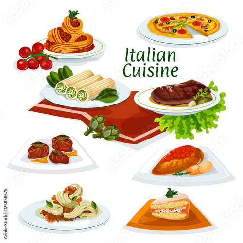 Italian cuisine dinner with dessert cartoon icon
