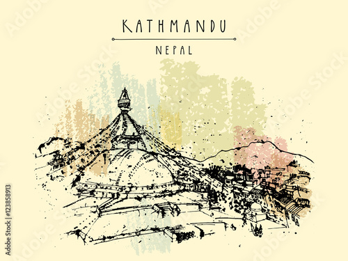 Boudhnath, Tibetan temple in Kathmandu, Nepal, Asia. Travel sketch. Vintage hand drawn touristic postcard, poster, book illustration