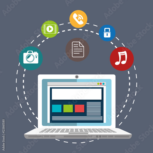 laptop computer with social media icon set over gray background. colorful design. vector illustration