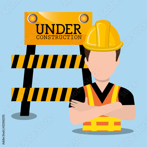 avatar construction worker with yellow helmet safety equipment and barrier icon over blue background. vector illustration