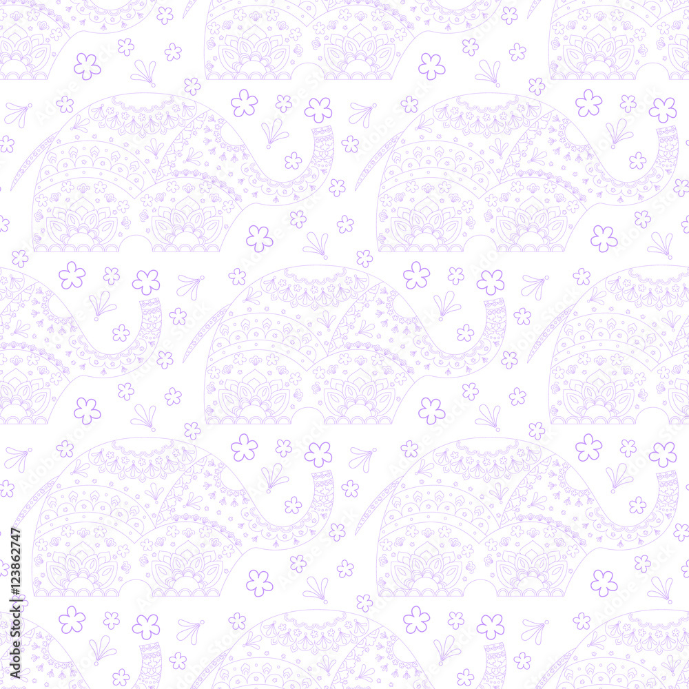 Seamless pattern with elephants and flowers. Background for textile, baby shower, greeting card, wrapping. Floral ornament. Doodling.