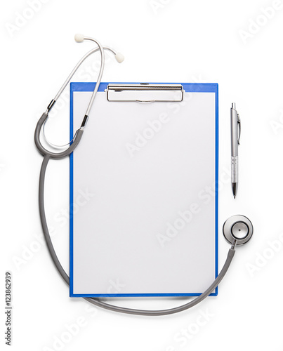 pen stethoscope and blue clipboard with a few sheets of paper. i