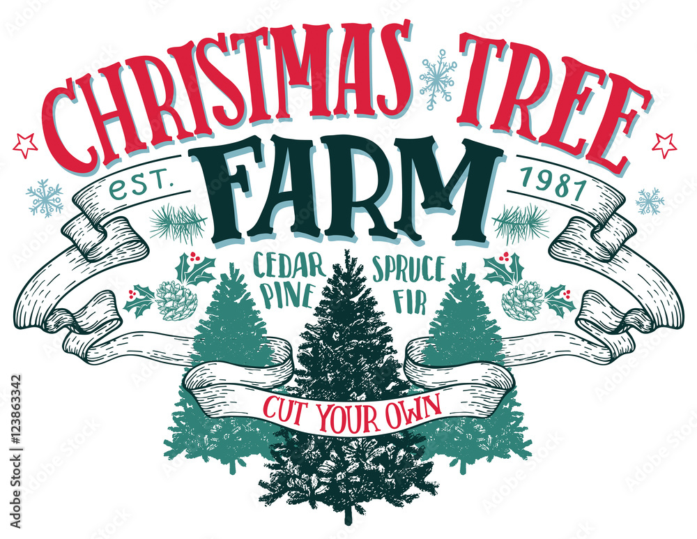 Christmas tree farm, cut your own. Handlettering vintage sign with handdrawn christmas trees