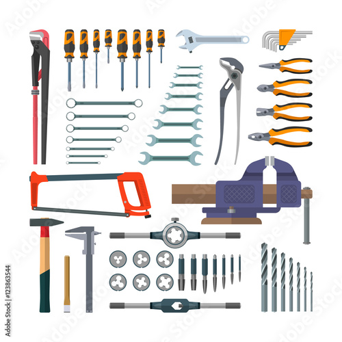 Vector set of working tools in flat style. Design elements and icons isolated on white background. Construction home repair. Tap holder, threading die