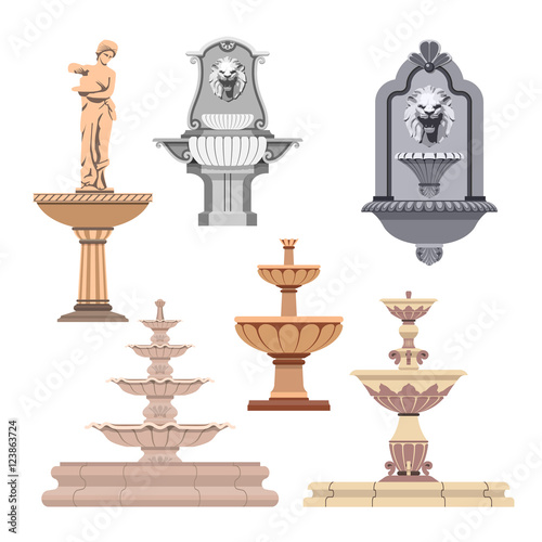 Vector set of different fountains. Design elements and icons photo