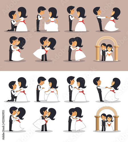 Just married couples in different poses. Vector illustration in flat style. Wedding couple silhouettes.