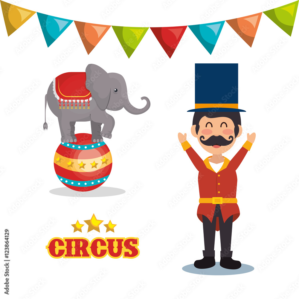 circus elephant and happy man festival show over white background. colorful design. vector illustration