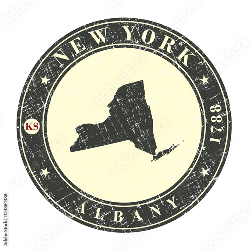 Vintage stamp with map of  New  York. Stylized badge with the name of the State, year of creation, the contour maps and the names abbreviations . Vector illustration