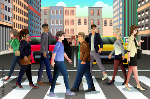 City People Crossing the Street During Rush Hour
