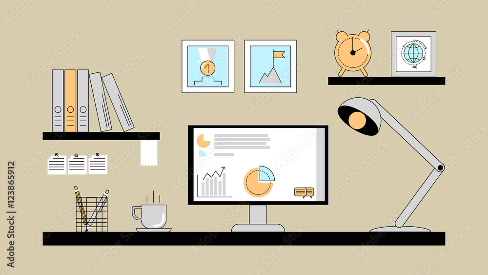 The workspace with a desktop computer. Vector flat line The workspace with a desktop computer. Vector flat line