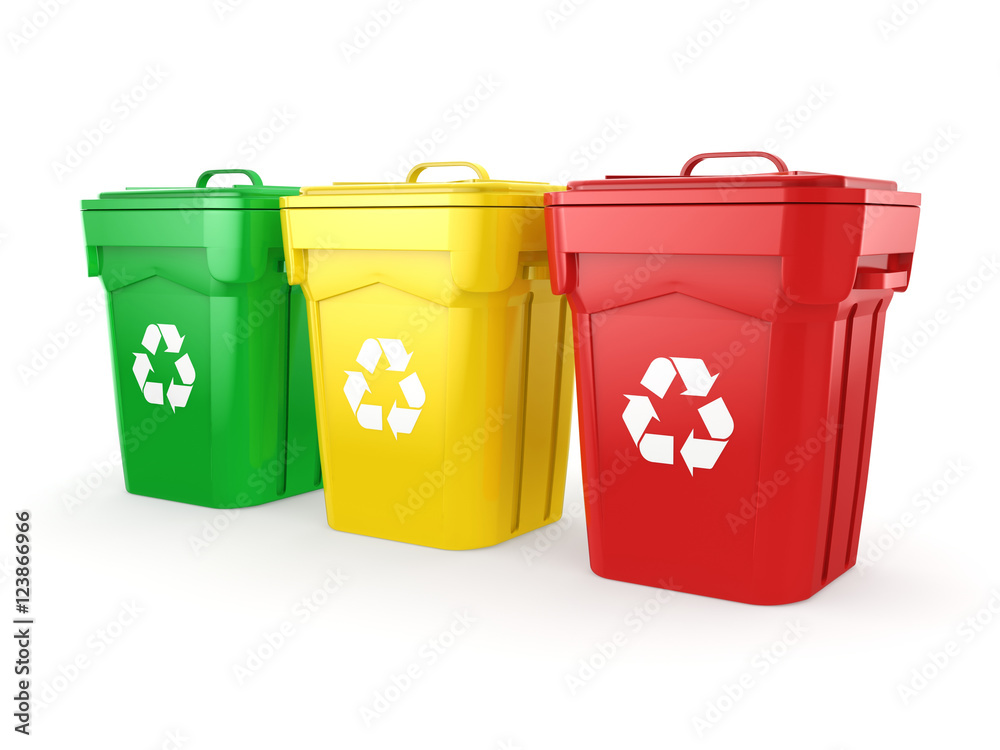 3D rendering Multicolor Recycling Bins 3D rendering Multicolor Recycling Bins
