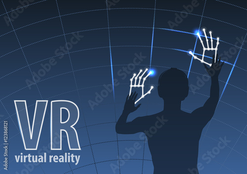 Vector silhouette man in virtual reality helmet. Outline males in VR headset against abstract background. Illustration modern cyber technologies and hands tracking. Visualization hands remote control.
