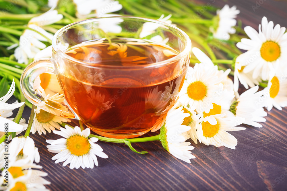 Chamomile tea in a transparent cup. The concept of herbal medicine. Chamomile tea in a transparent cup. The concept of herbal medicine.