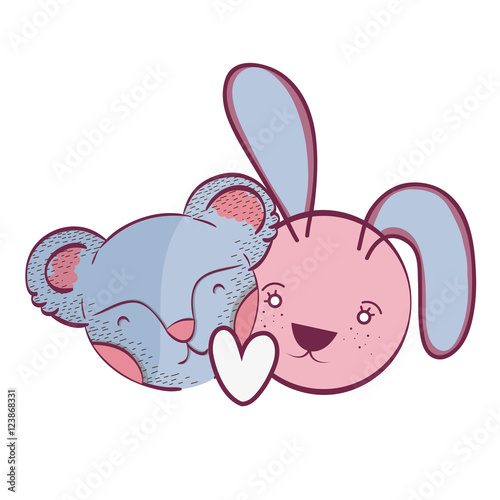 teddy bear and rabbit love couple with heart shape over white background. vector illustration