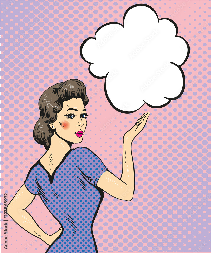 Pop art retro style woman point hand sign with speech bubble. Comic design vector illustration Pop art retro style woman point hand sign with speech bubble. Comic design vector illustration