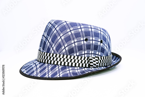 Vintage, felt trilby/fedora hat with plaid blue pattern on a white background.