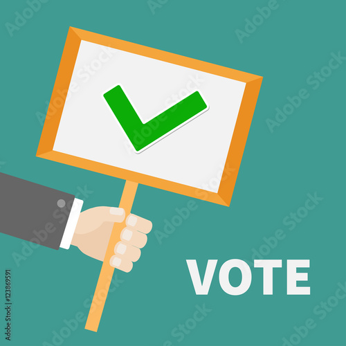 Businessman hand holding paper blank sign plate with green tick check mark. Vote text President election day. Voting concept. Flat design