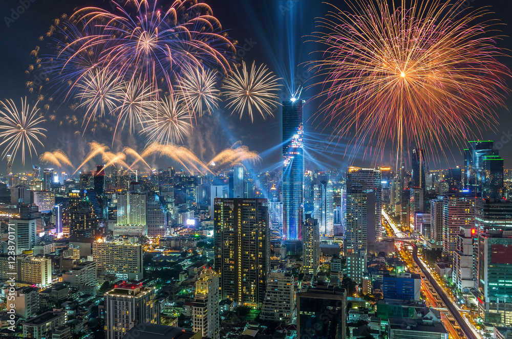 Fototapeta premium Top view of Bangkok Cityscape at night with Multicolor Firework