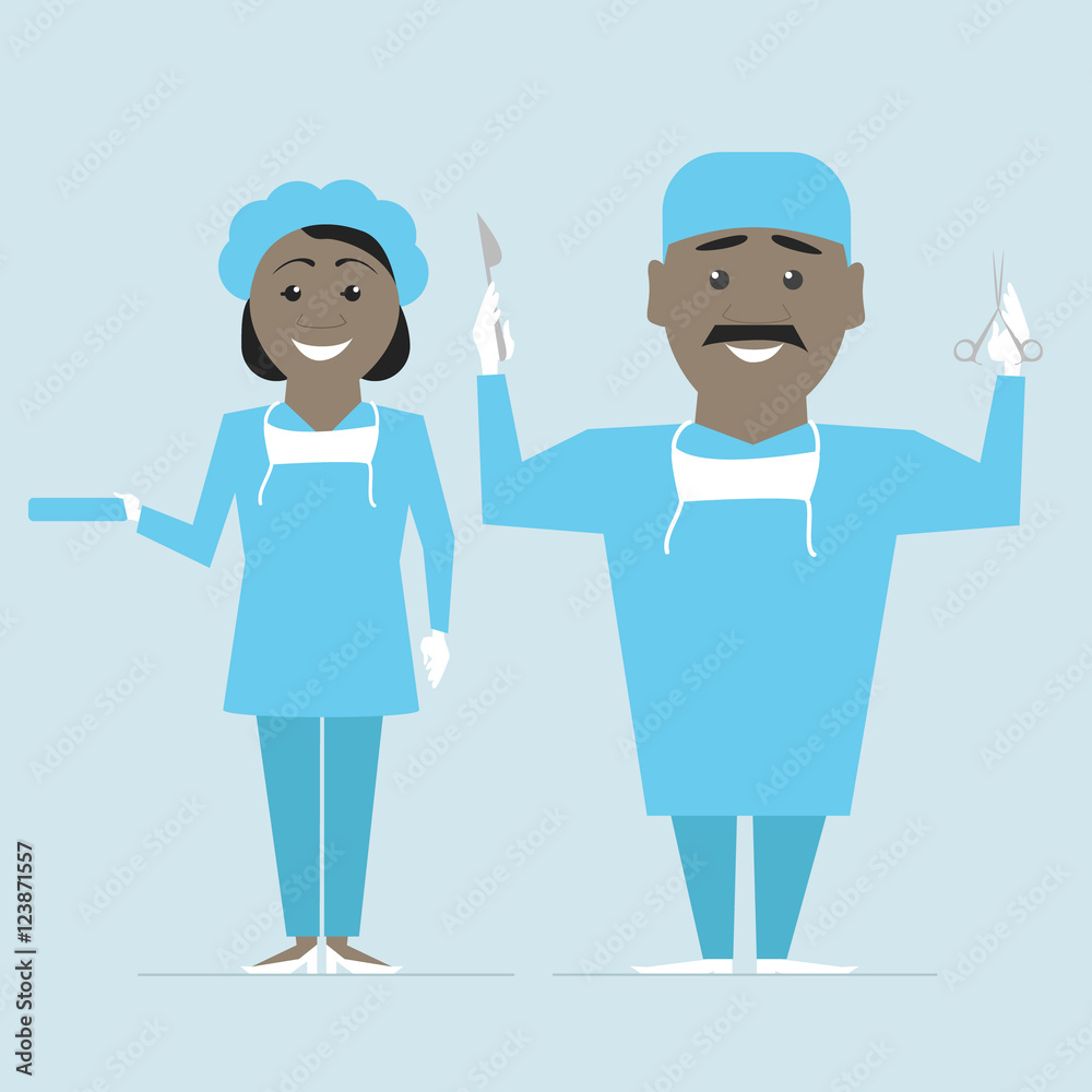 Surgeon and nurse in uniform ready for operation. Vector flat Surgeon and nurse in uniform ready for operation. Vector flat
