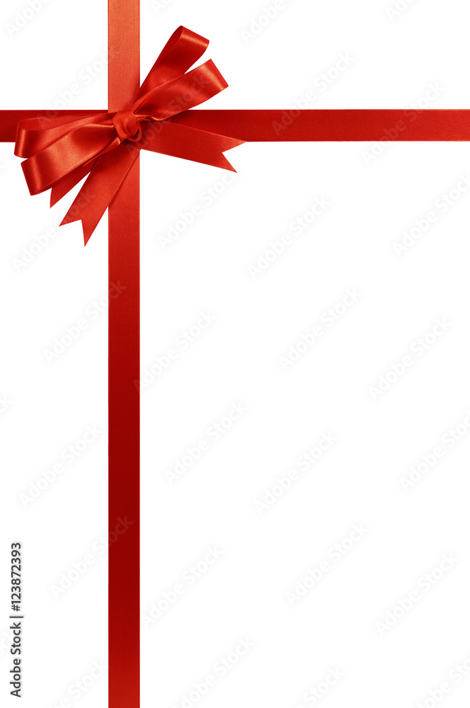 Red bow gift ribbon frame top side border isolated on white background for  birthday or christmas gift decoration design photo vertical Stock Photo