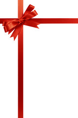 Red bow gift ribbon frame top side border isolated on white background for birthday or christmas gift decoration design photo vertical