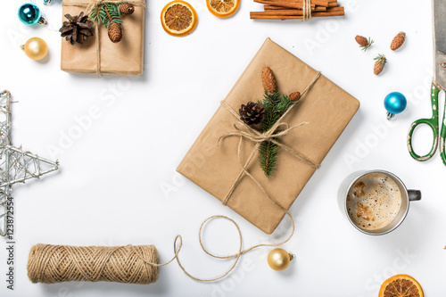 Wallpaper Mural Christmas background with decorations and gift handmade on white Torontodigital.ca