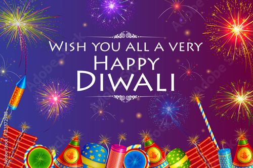 Colorful firecracker with firework background for Happy Diwali holiday of India