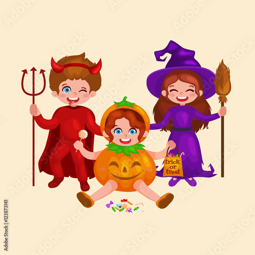 Happy Halloween. Set of cute cartoon children in colorful halloween costumes:girl dressed as a pumpkin, devil , witch , 