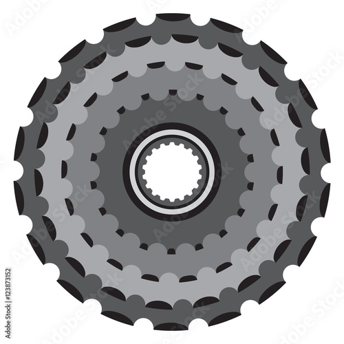 Bike metallic cogwheel, bicycle crankset cassette in flat vector style.