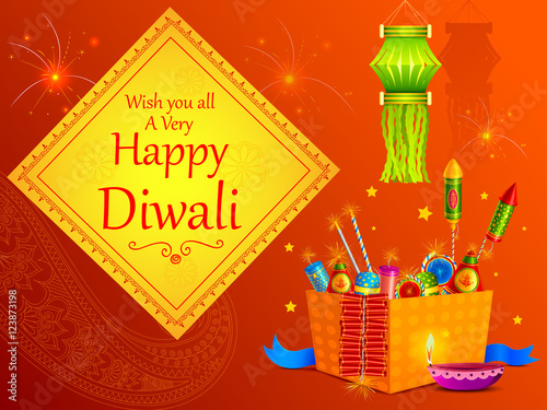 Fire cracker with decorated diya for happy Diwali holiday of India