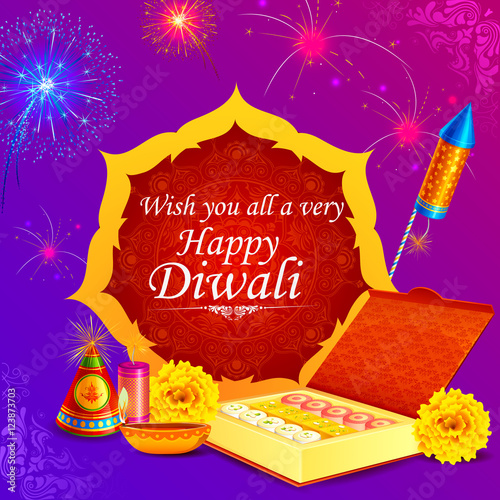 Fire cracker with decorated diya for happy Diwali holiday of India