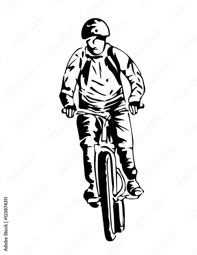 Hand drawn sketch of a man rides on a mountain bike or bicycle.