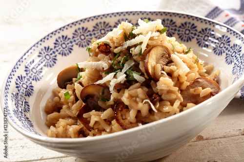 Close up on bowl of rice and mushrooms