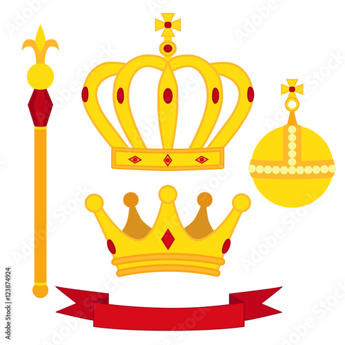 Heraldic symbols, monarch set. Royal traditions combination in flat style.