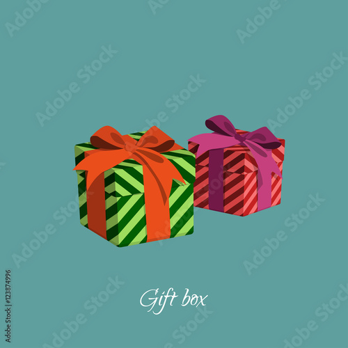 Gift box with strips in a cartoon style. Red and green gifts iso
