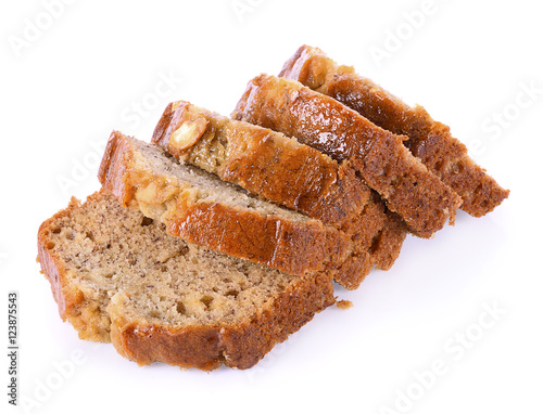 Foto Almond banana bread on white background