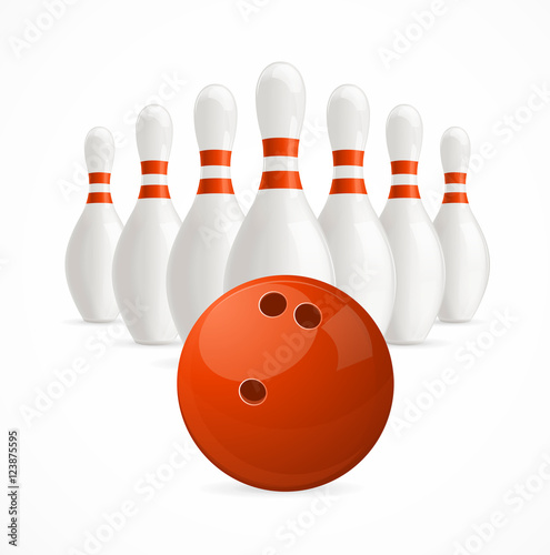 Group of White Bowling Pins and Ball. Vector photo