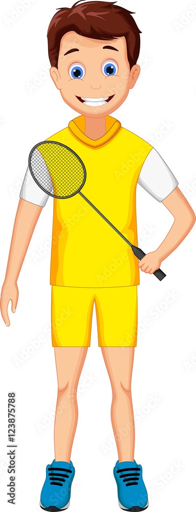 funny young boy holding badminton racket 