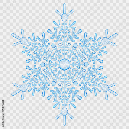 Big translucent crystal snowflake in light blue colors. Transparency only in vector file