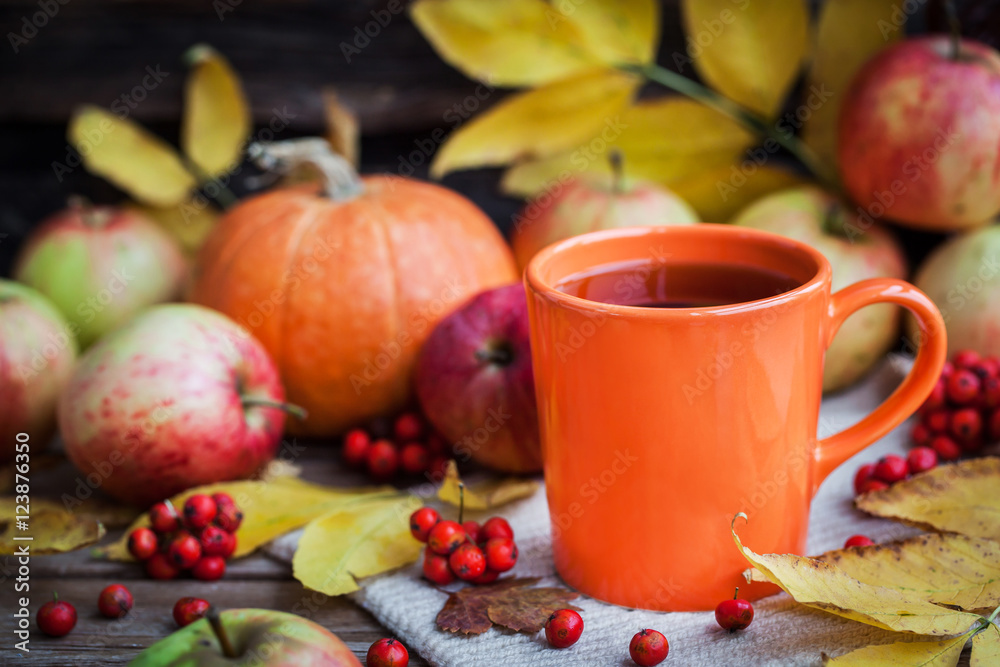 Orange mug on autumn background Orange mug on autumn background