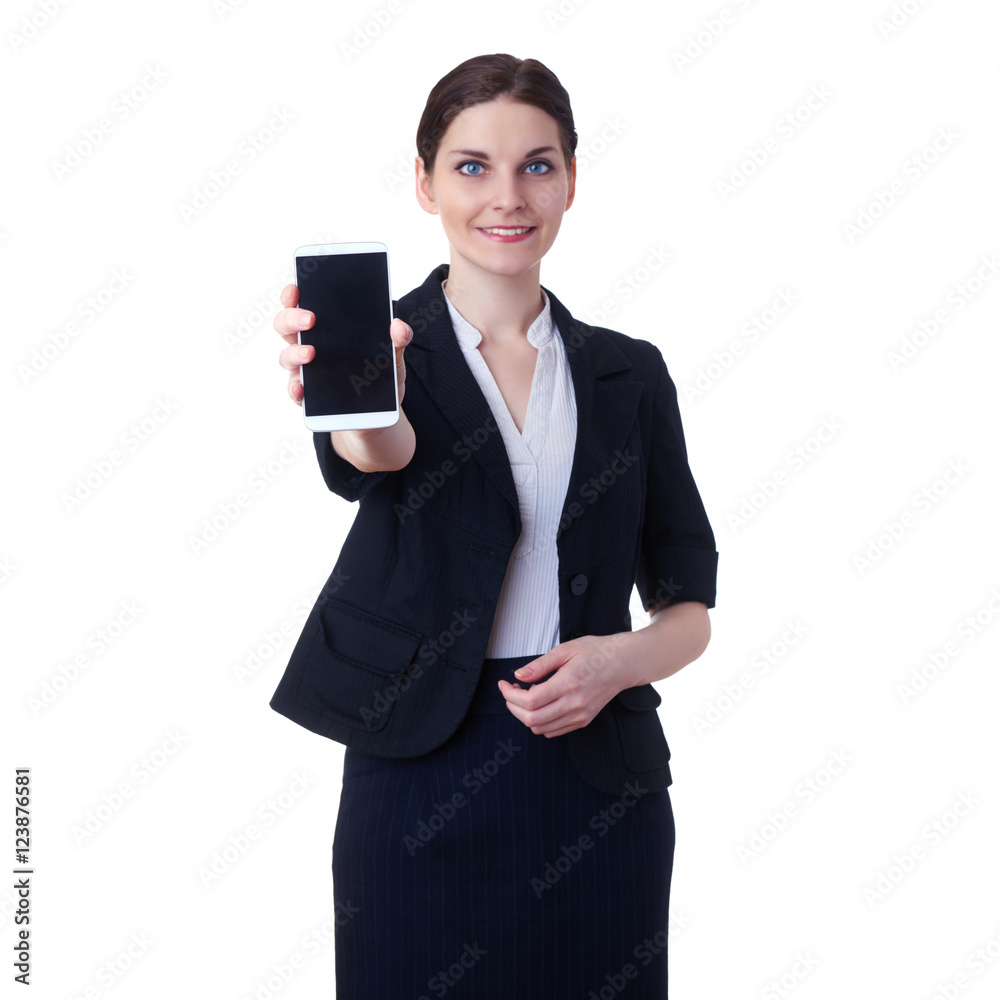 Smiling businesswoman standing over white isolated background Smiling businesswoman standing over white isolated background