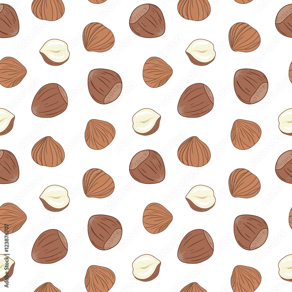 Seamless pattern with shelled and whole hazelnuts on white background. Hand drawn vector seamless pattern, eps10. For backgrounds, packaging, ads, interiors, labels and other designs. Seamless pattern with shelled and whole hazelnuts on white background. Hand drawn vector seamless pattern, eps10. For backgrounds, packaging, ads, interiors, labels and other designs.