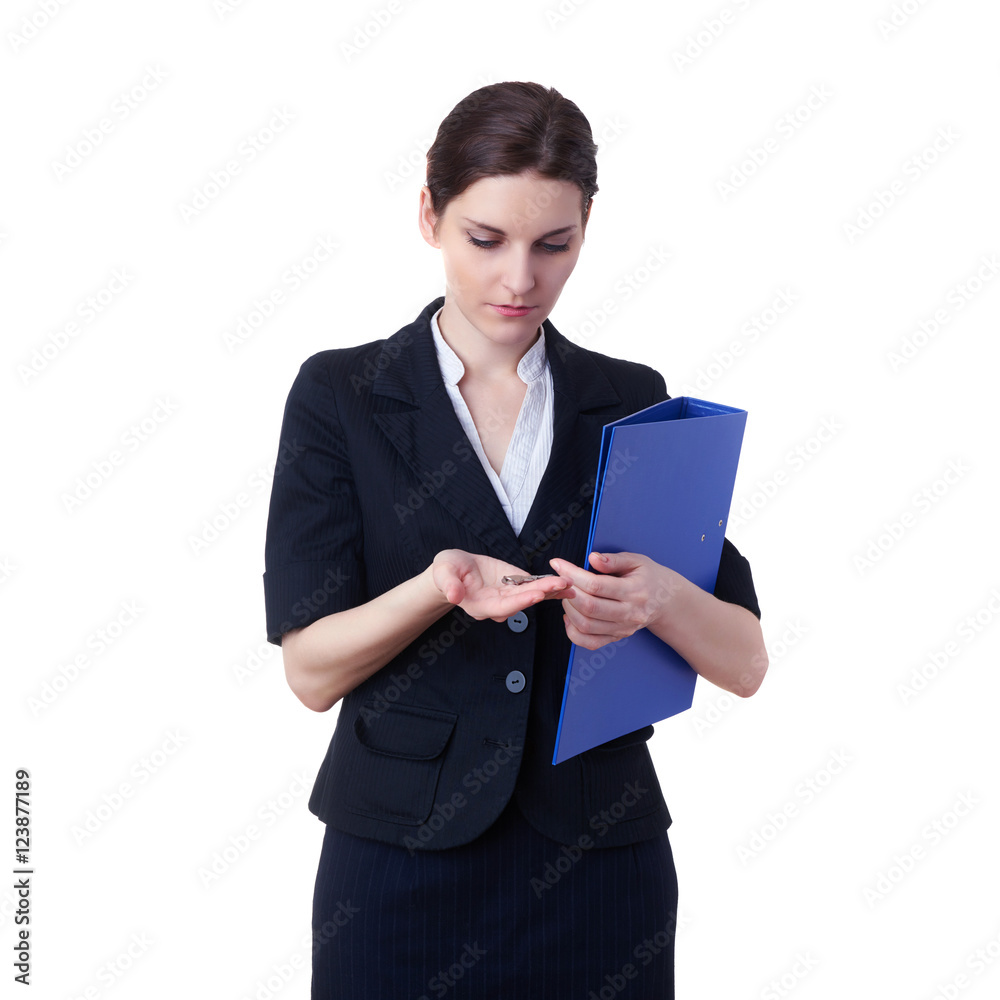 Smiling businesswoman standing over white isolated background Smiling businesswoman standing over white isolated background