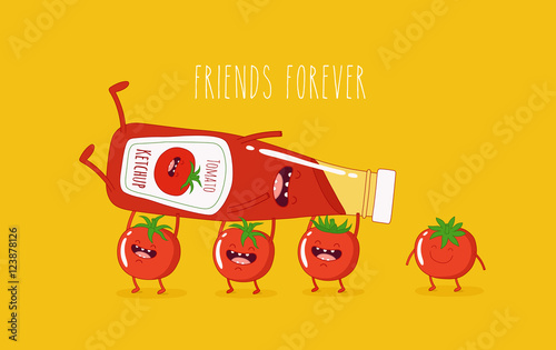 Funny tomato ketchup and tomato. Vector illustration.