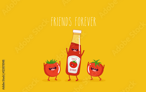 Funny tomato ketchup and tomato. Tomato love. Vector illustration. 