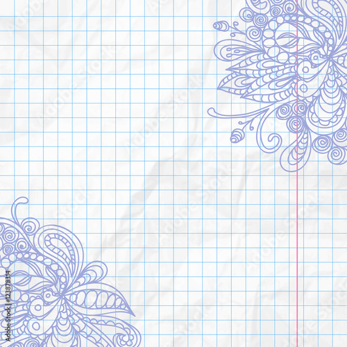 Fanciful ornate hand drawn doodle on notepad sheet with crumpled texture effect. Vector illustration.