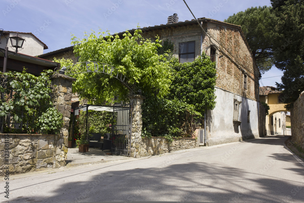 External view of the entrance of historical traditional restaurant on Tuscan Hills